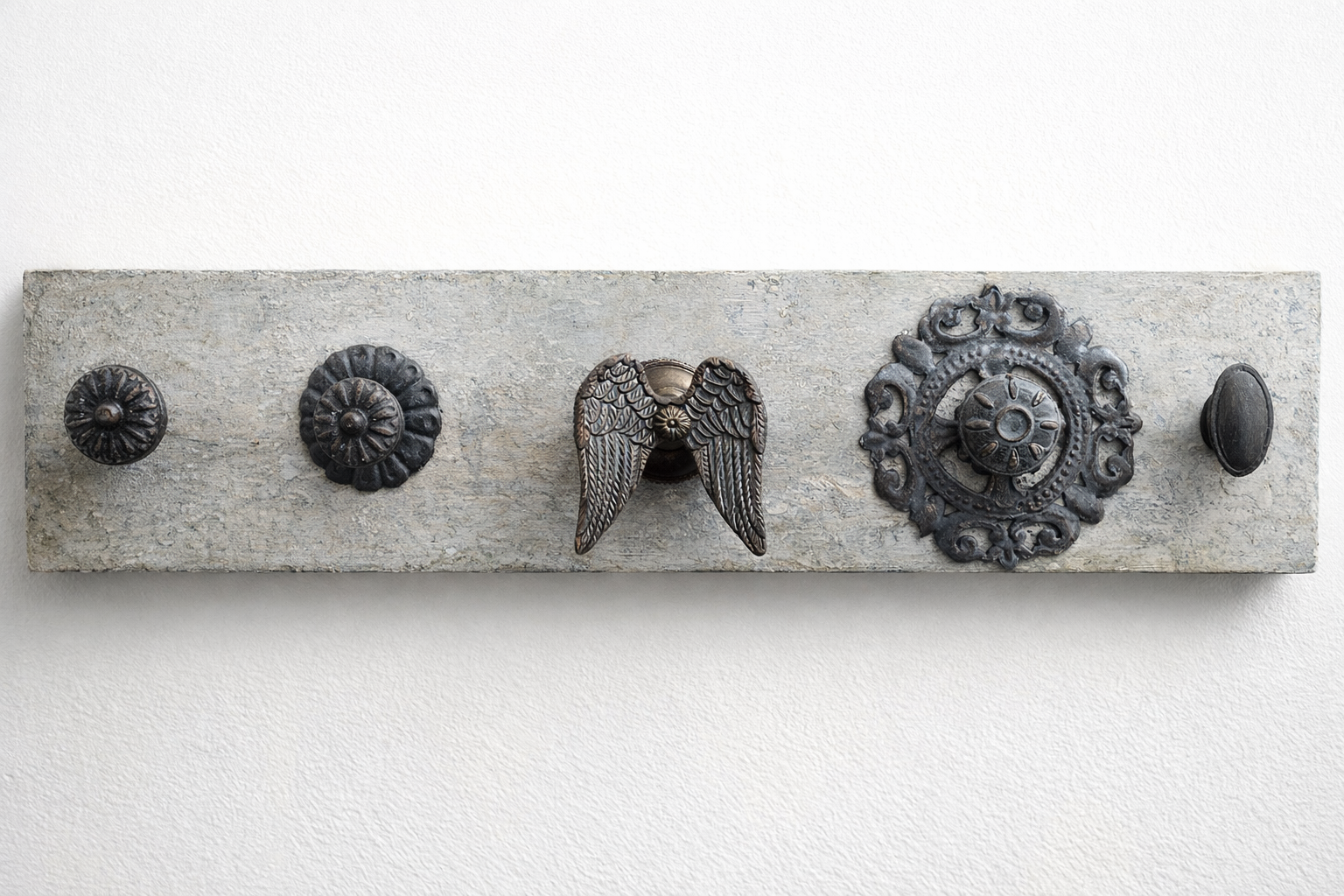 Architectural Hook Rail with Vintage Hardware – Weathered Limewash Finish Wall Rack, view 2