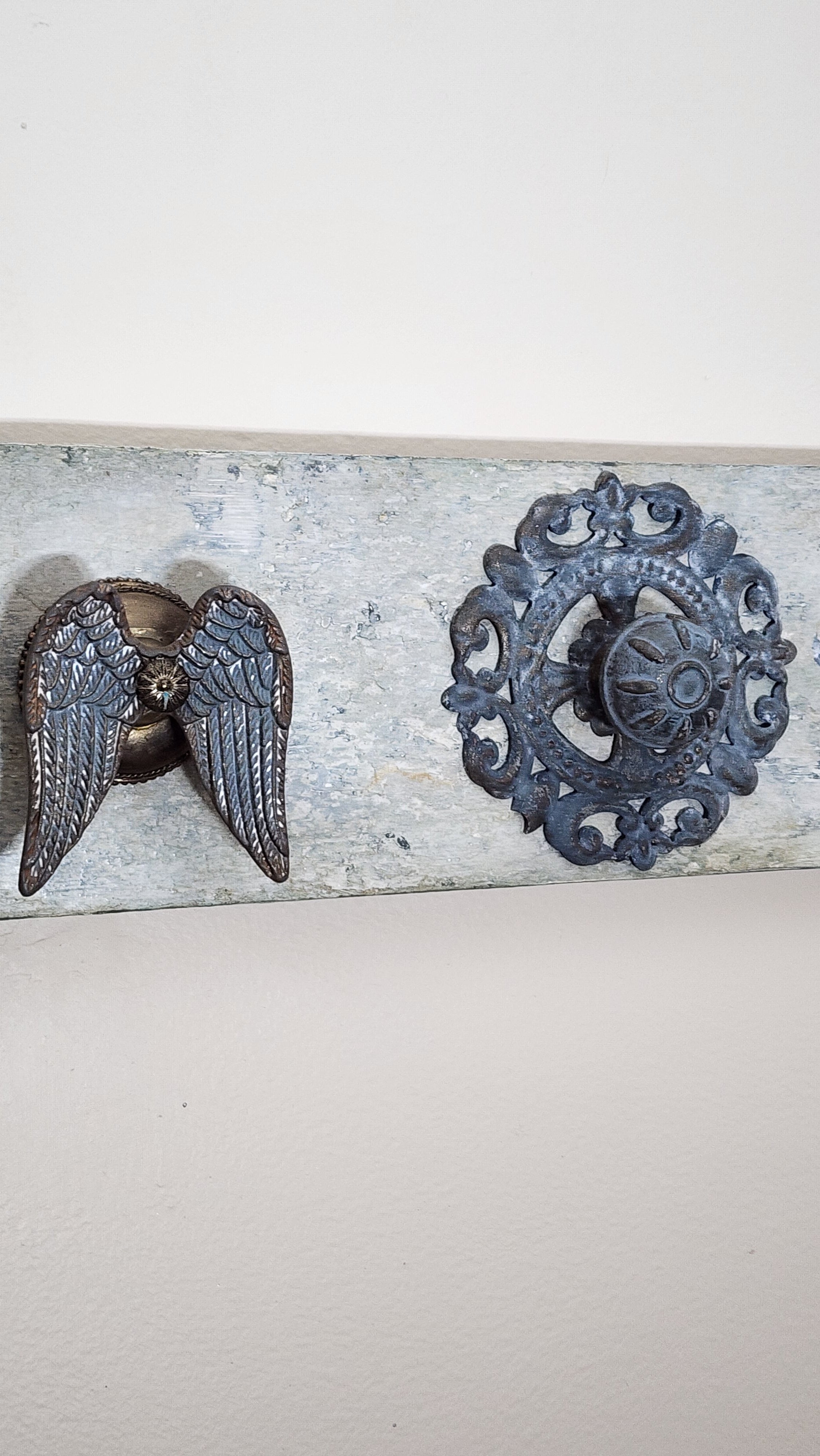 Architectural Hook Rail with Vintage Hardware – Weathered Limewash Finish Wall Rack, view 3