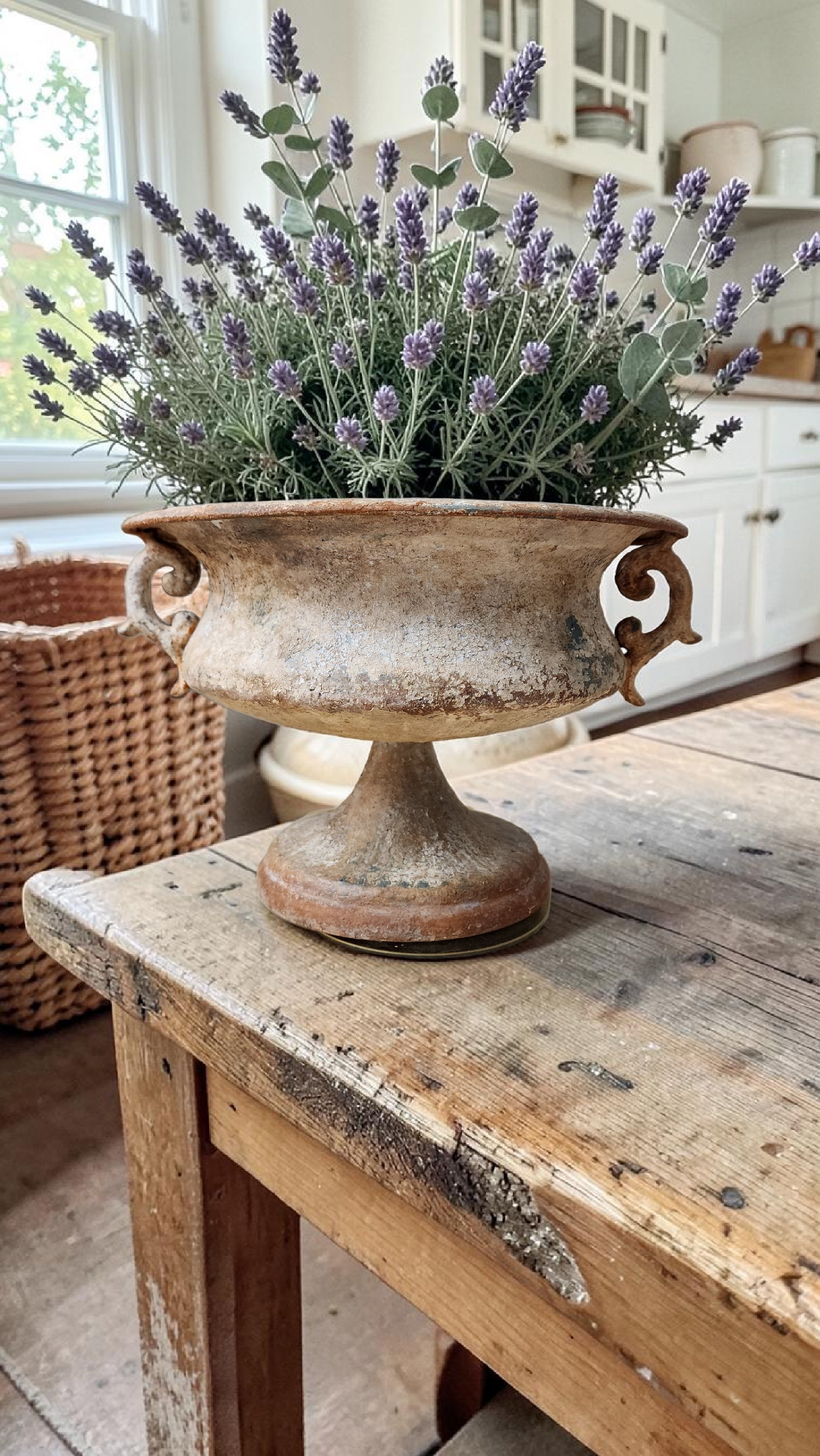 Hand-Painted Aged Metal Urn Planter | European Garden Style Pedestal Bowl