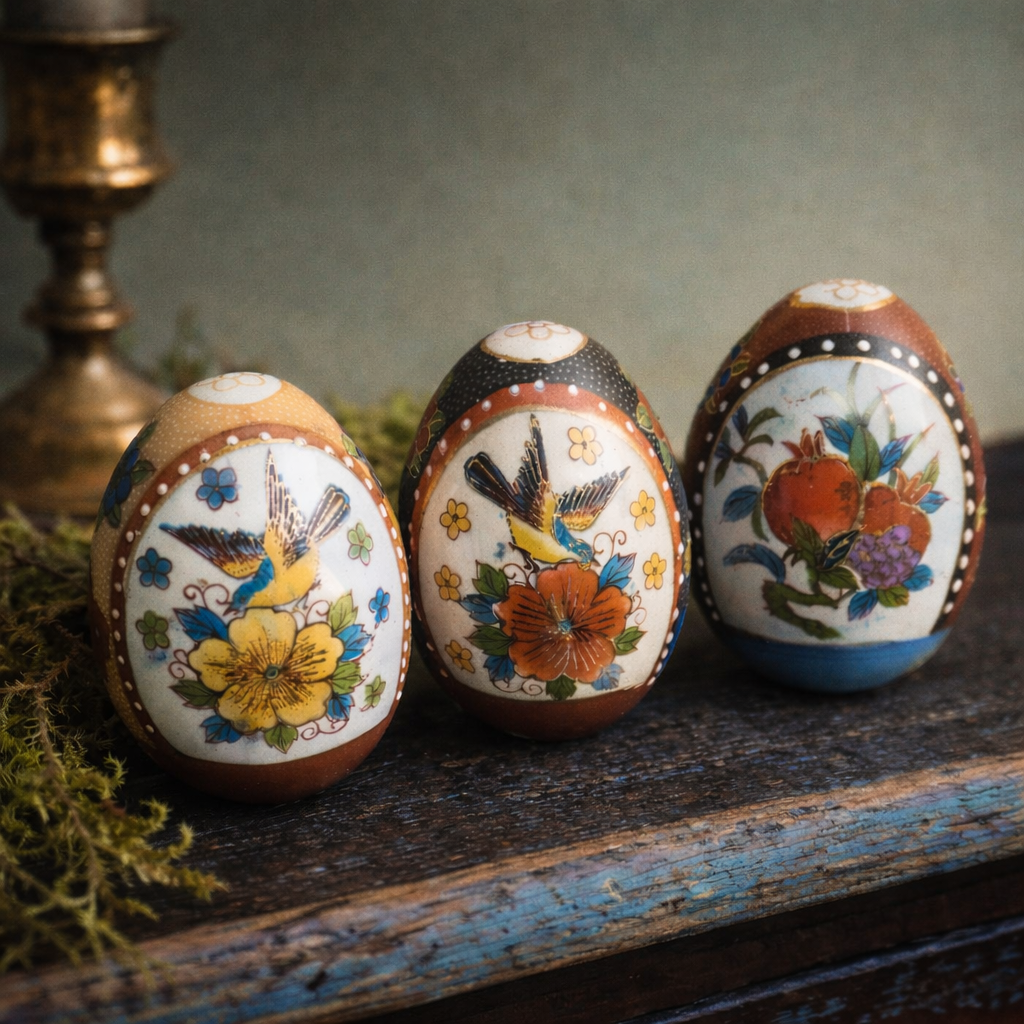 Collected Porcelain Egg Trio – Hand-Painted Birds & Florals, European-Inspired Spring Decor