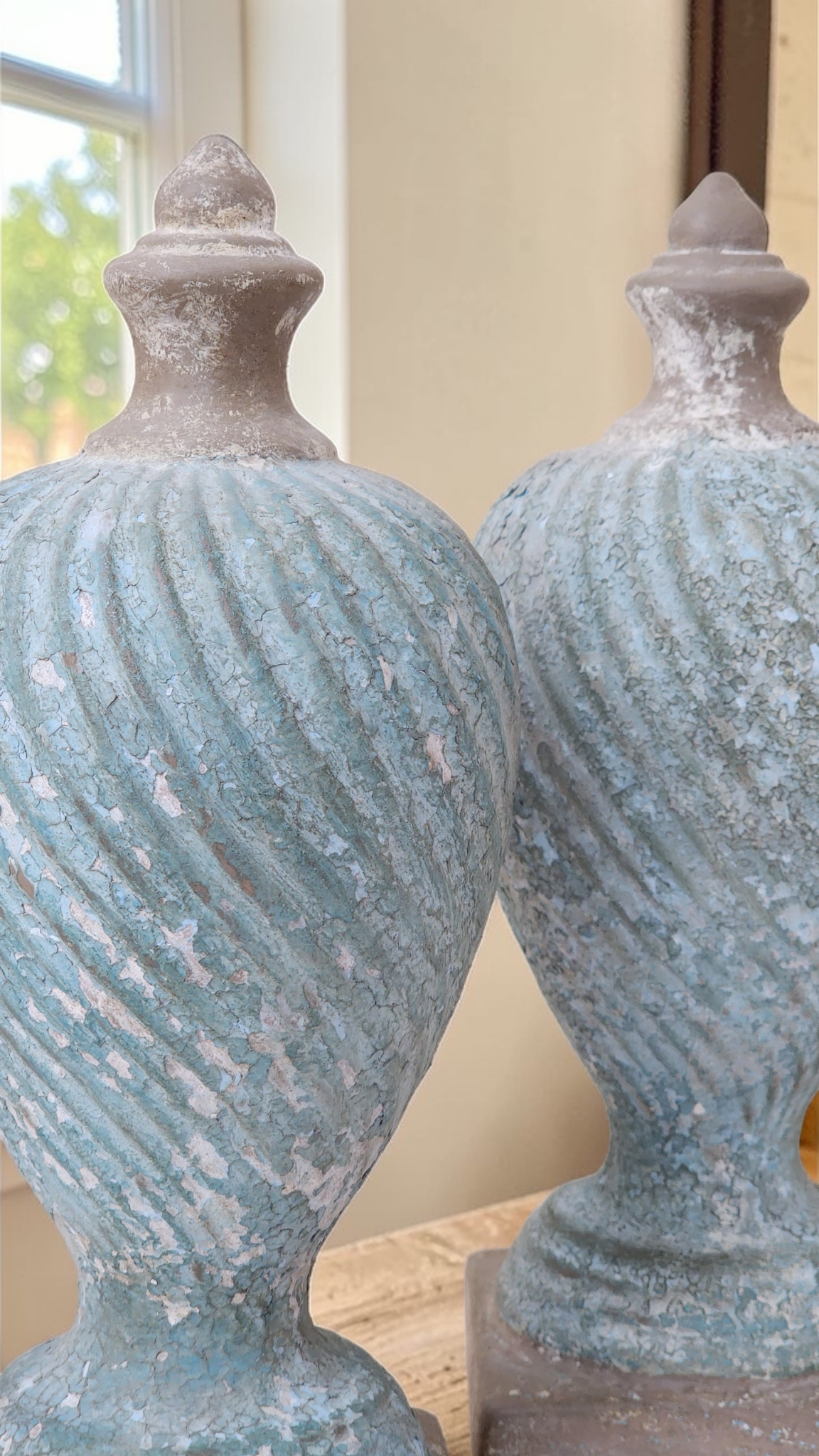 “Sea-Worn Patina Finials Hand-Painted Ceramic Pair”, view 2