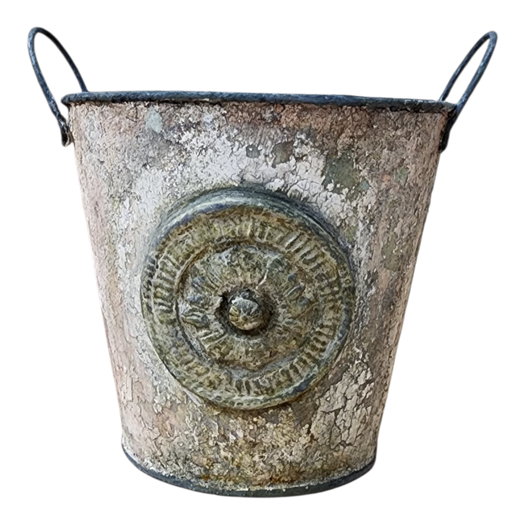 Hand-Painted European Patina Metal Bucket | Aged Plaster Finish | Vintage-Inspired Decorative Vessel, view 2