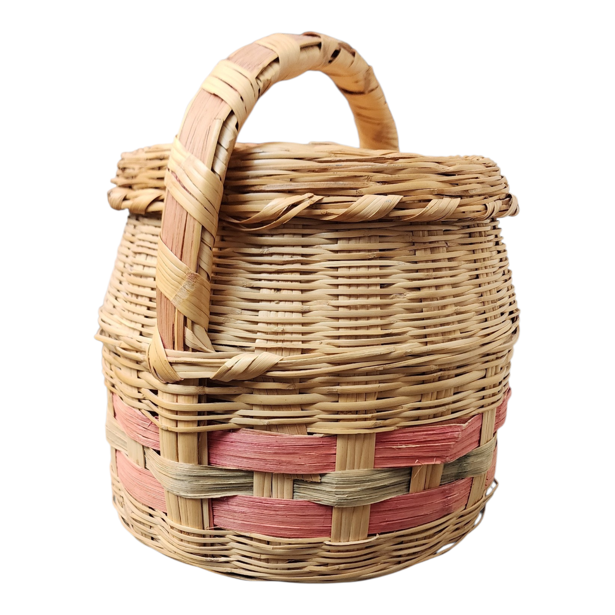Vintage Handwoven Wicker Basket with Lid & Handle | Cottage Farmhouse Storage, view 2