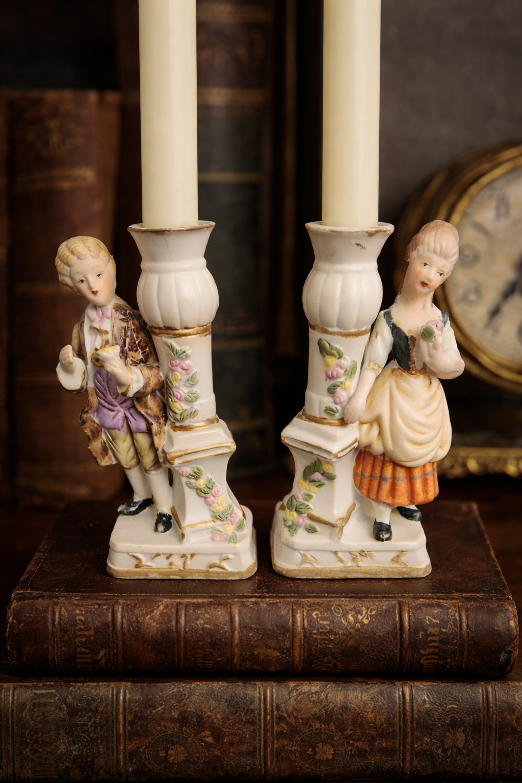 Vintage Porcelain Figural Candlesticks – Romantic European Couple, view 2