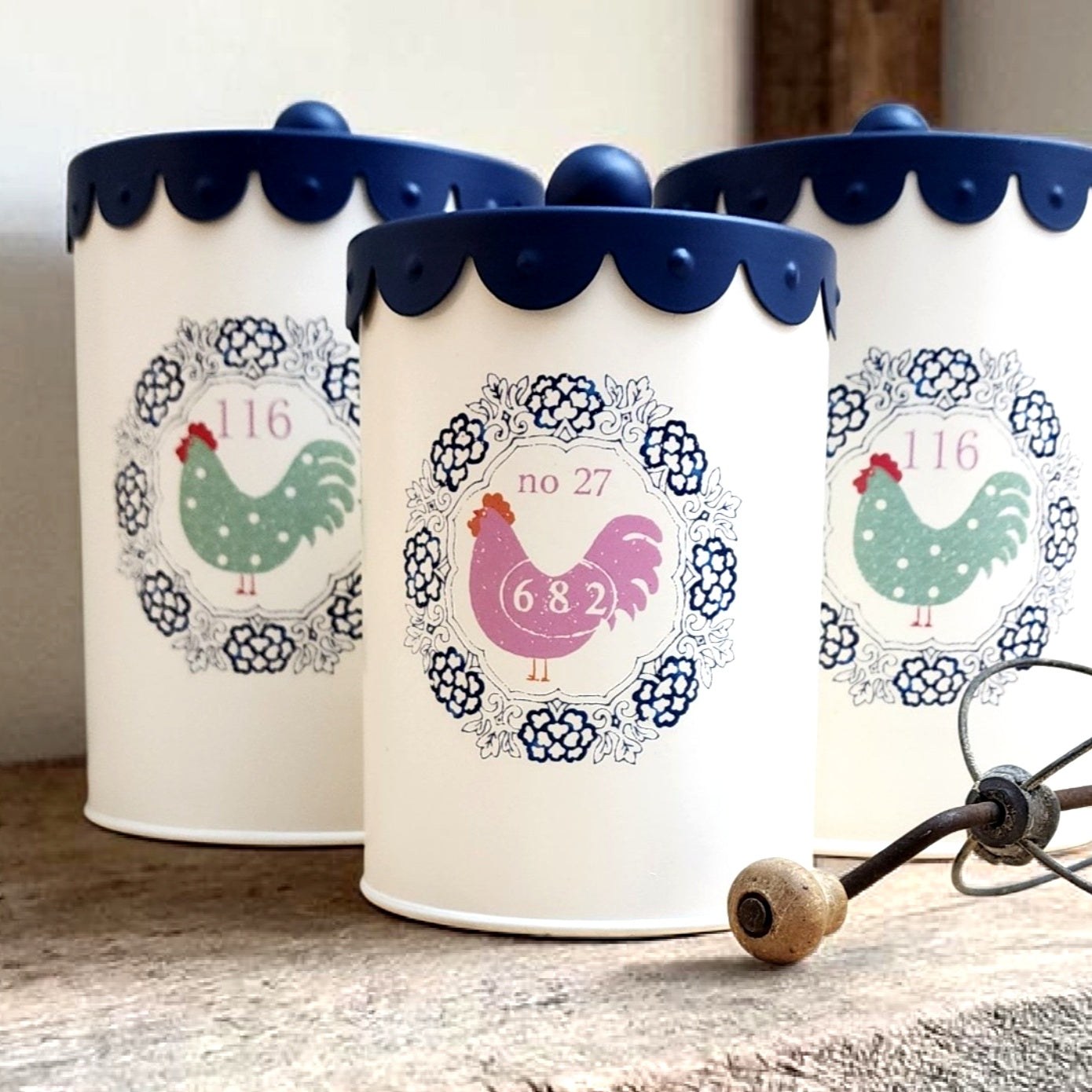 Vintage-Style Rooster Canister Set with Blue Scalloped Lids (Set of 3)