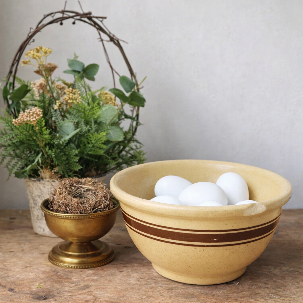Vintage Yellow Ware Mixing Bowl with Brown Bands | 9” Diameter | Farmhouse Kitchen Decor