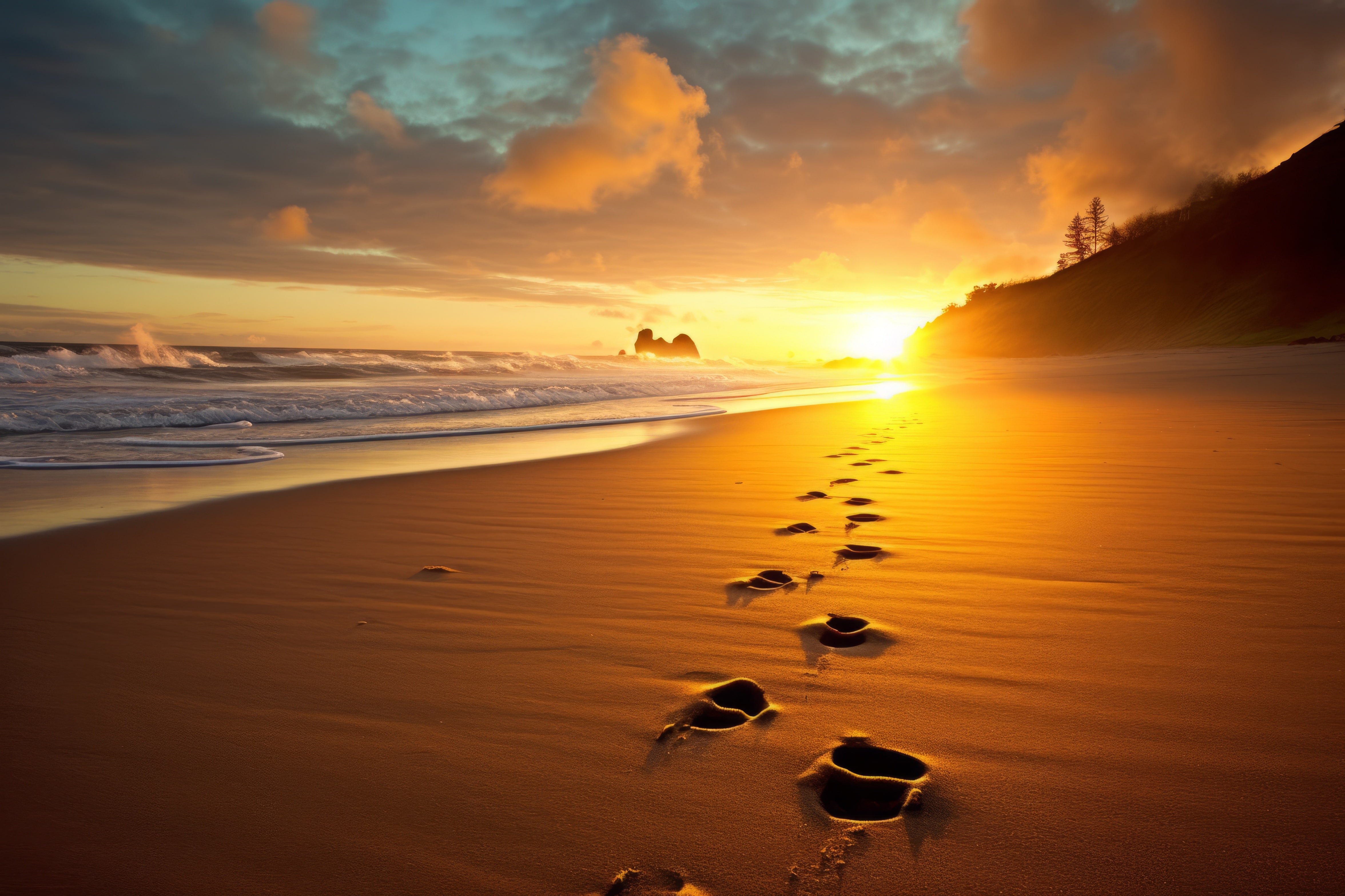 Footprints along a sunlit ocean shore
