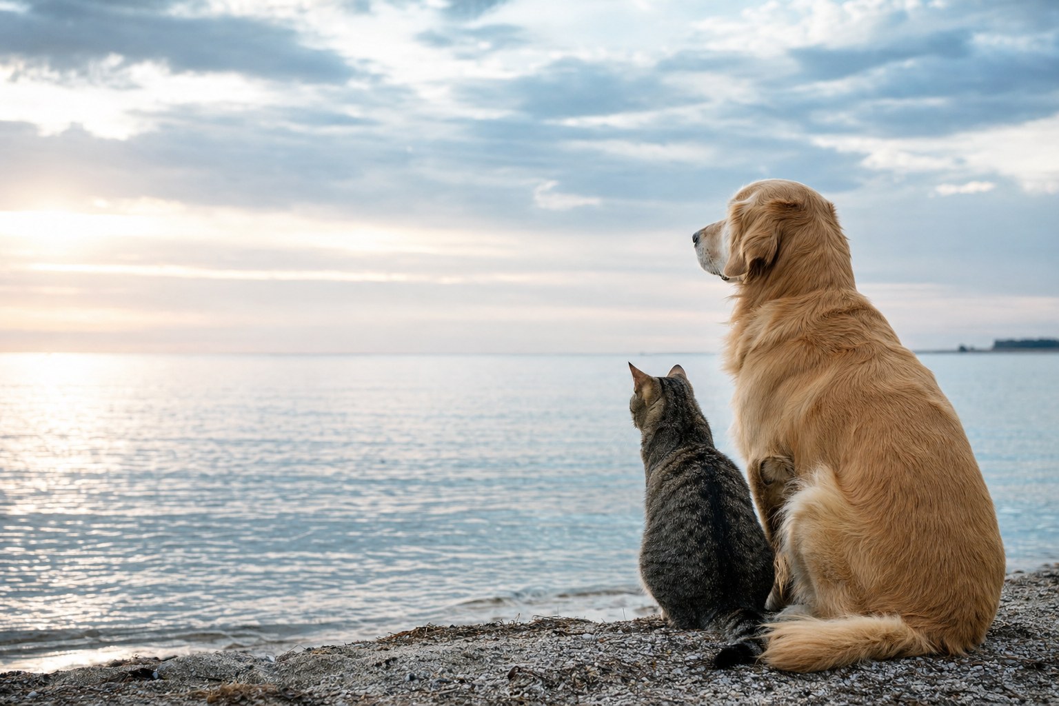 A dog and cat sitting together beside calm water