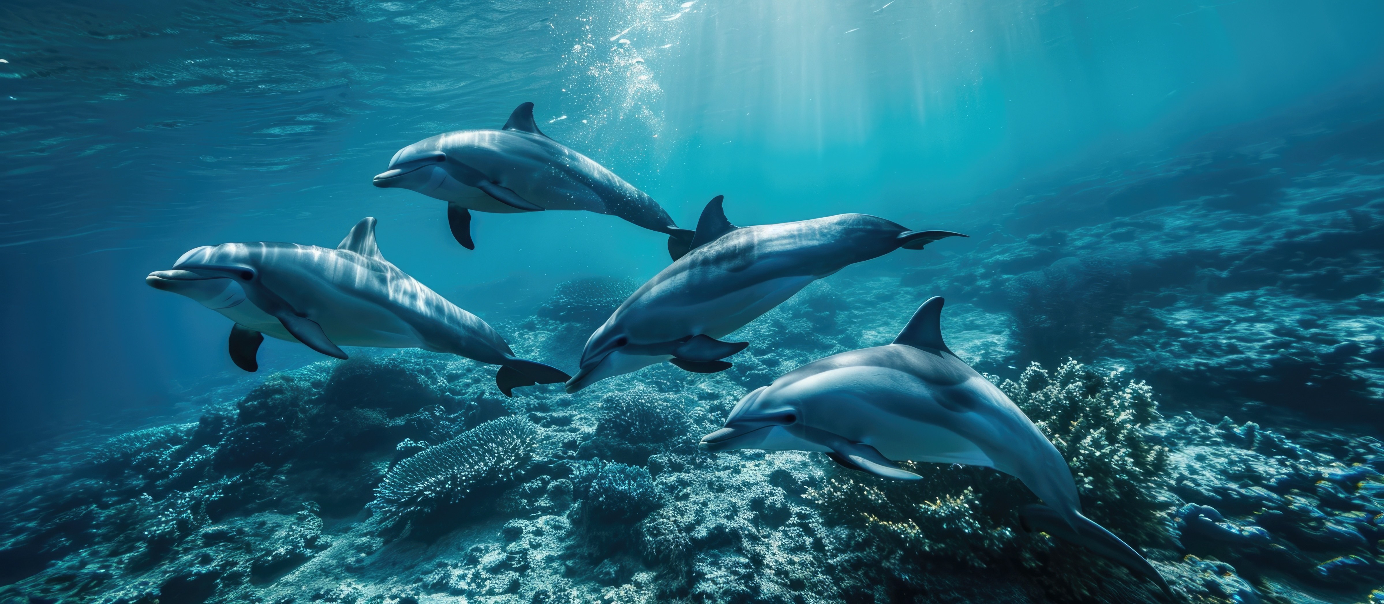 A pod of dolphins swimming above a living reef