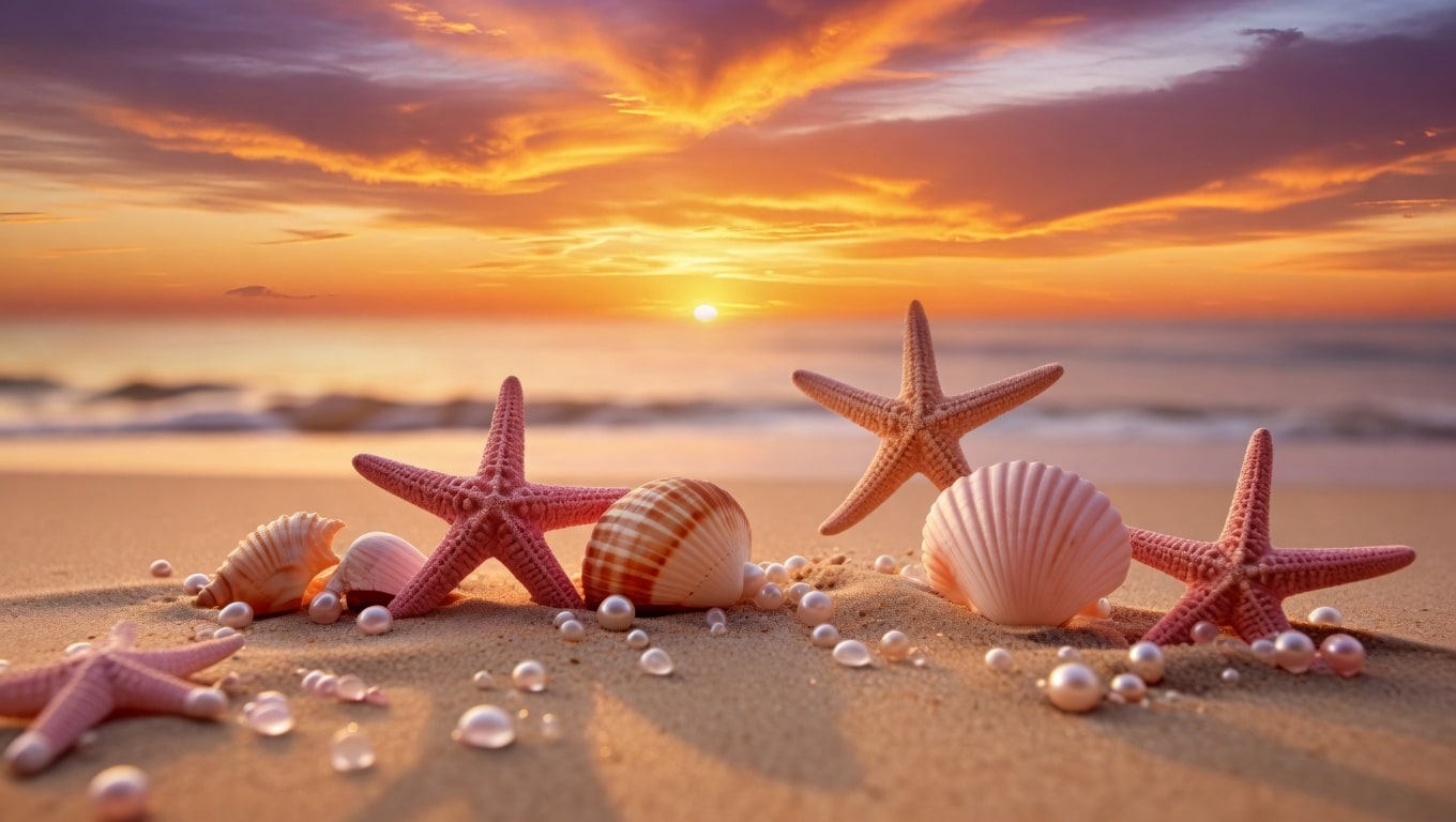 Starfish and shells on a beach at sunset