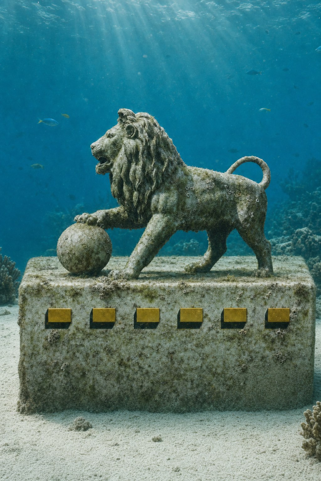Entrance lion memorial settled on a sandy seafloor