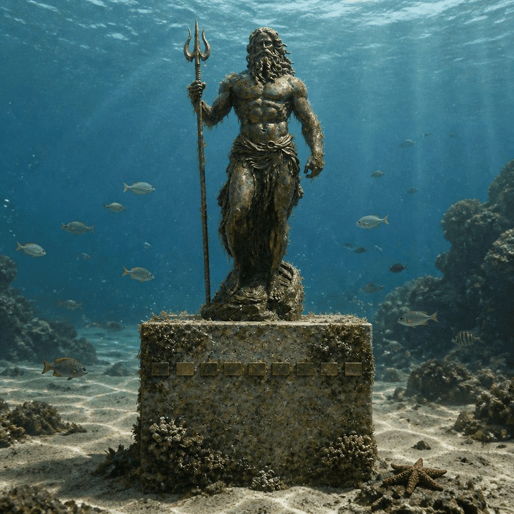 Bronze Poseidon memorial statue on its base