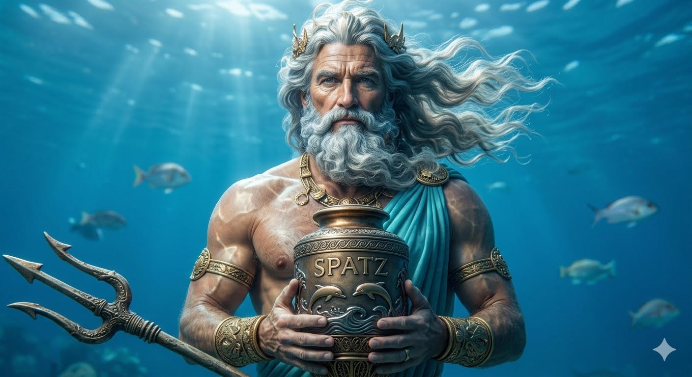 Poseidon holding a bronze memorial vessel beneath the sea