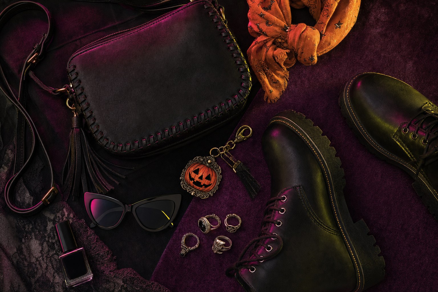 Black boots, crossbody bag, silver rings, sunglasses, dark nail polish, and a pumpkin charm arranged on plum fabric