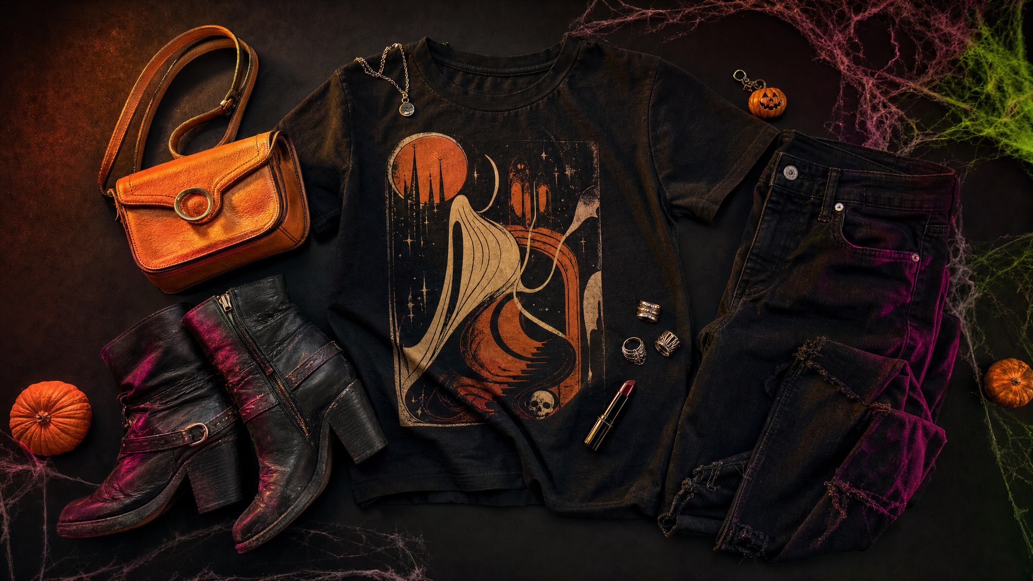 A black retro-horror graphic tee, black jeans, boots, orange bag, and Halloween accessories arranged as an outfit