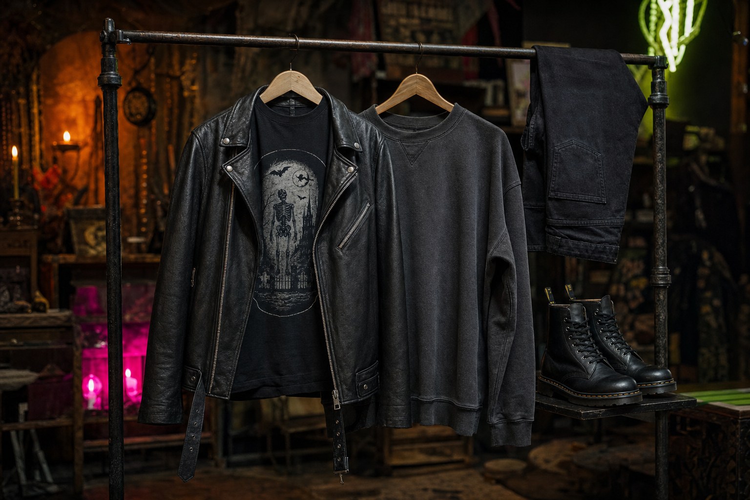 Black leather jacket, vintage-style spooky tee, charcoal sweatshirt, black jeans, and boots on a clothing rack