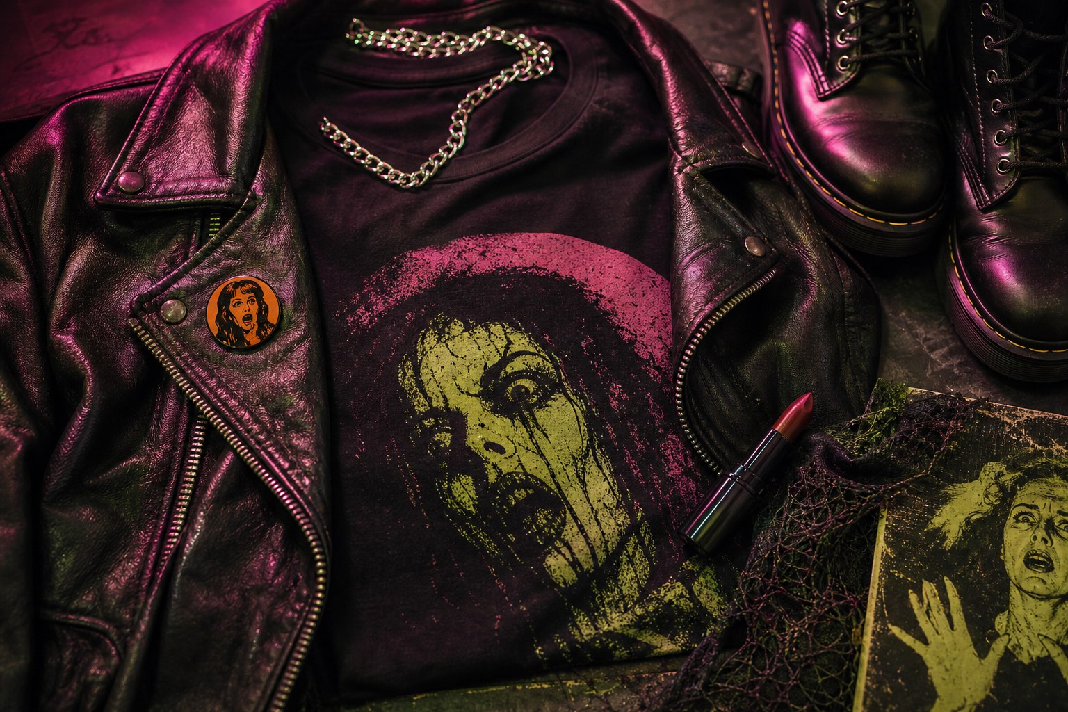 A black graphic tee layered with a leather jacket, boots, and silver accessories