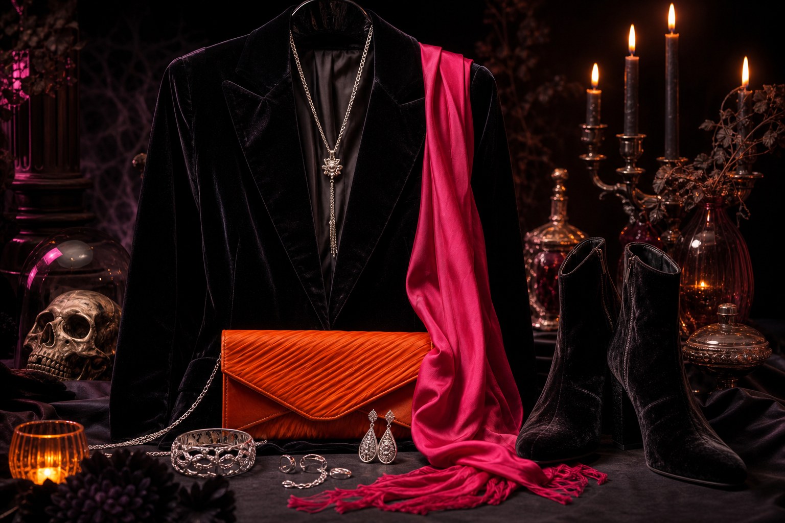 A black velvet blazer, bright pink scarf, orange clutch, boots, and silver jewelry styled for a Halloween party
