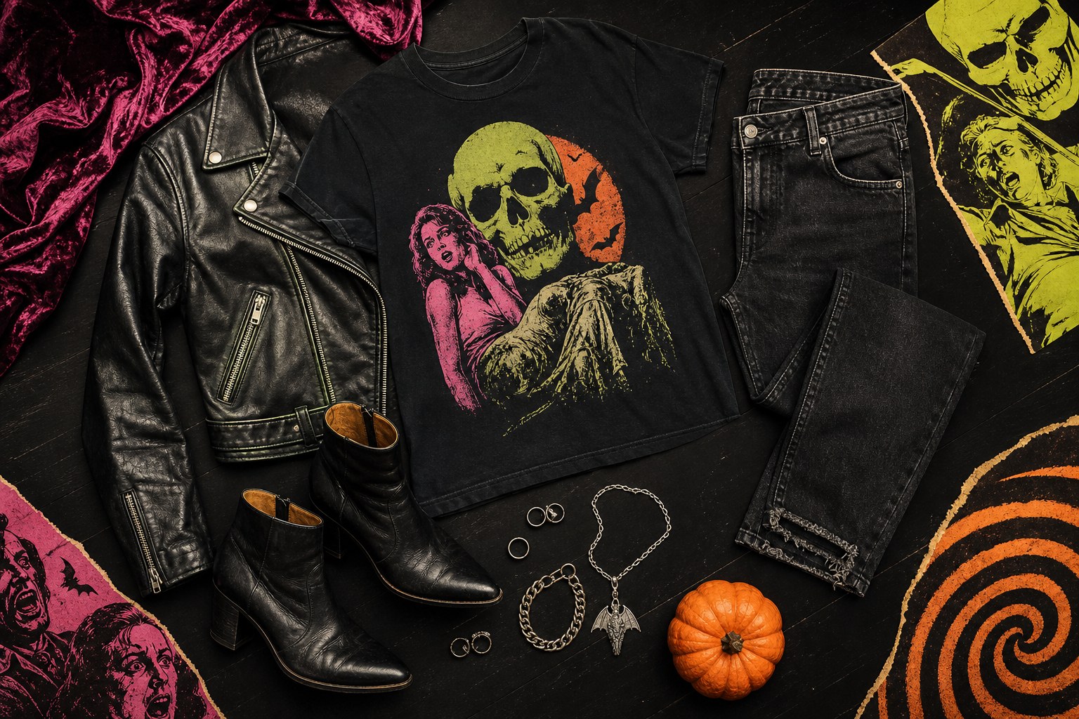 A black graphic tee, leather jacket, boots, and Halloween accessories arranged as a party outfit