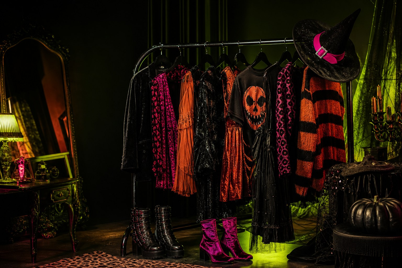 A rack of colorful spooky party outfits in a dark dressing room