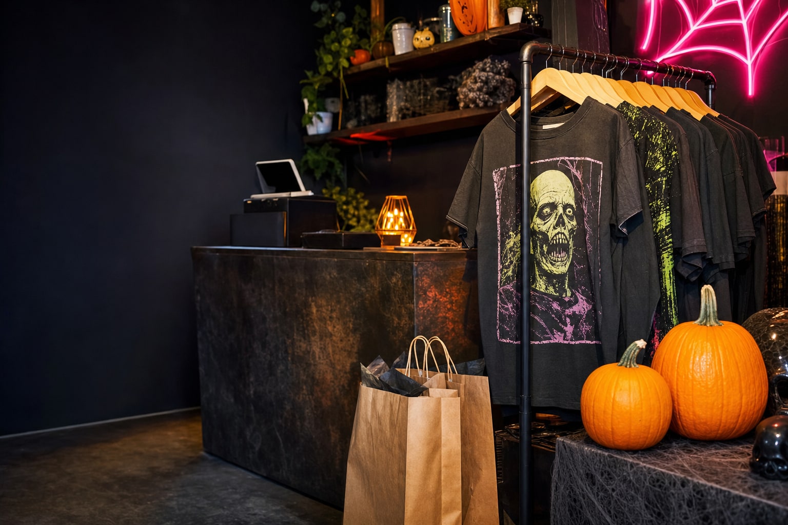 Halloween boutique display with graphic shirts, pumpkins, shopping bags, and neon bat decor