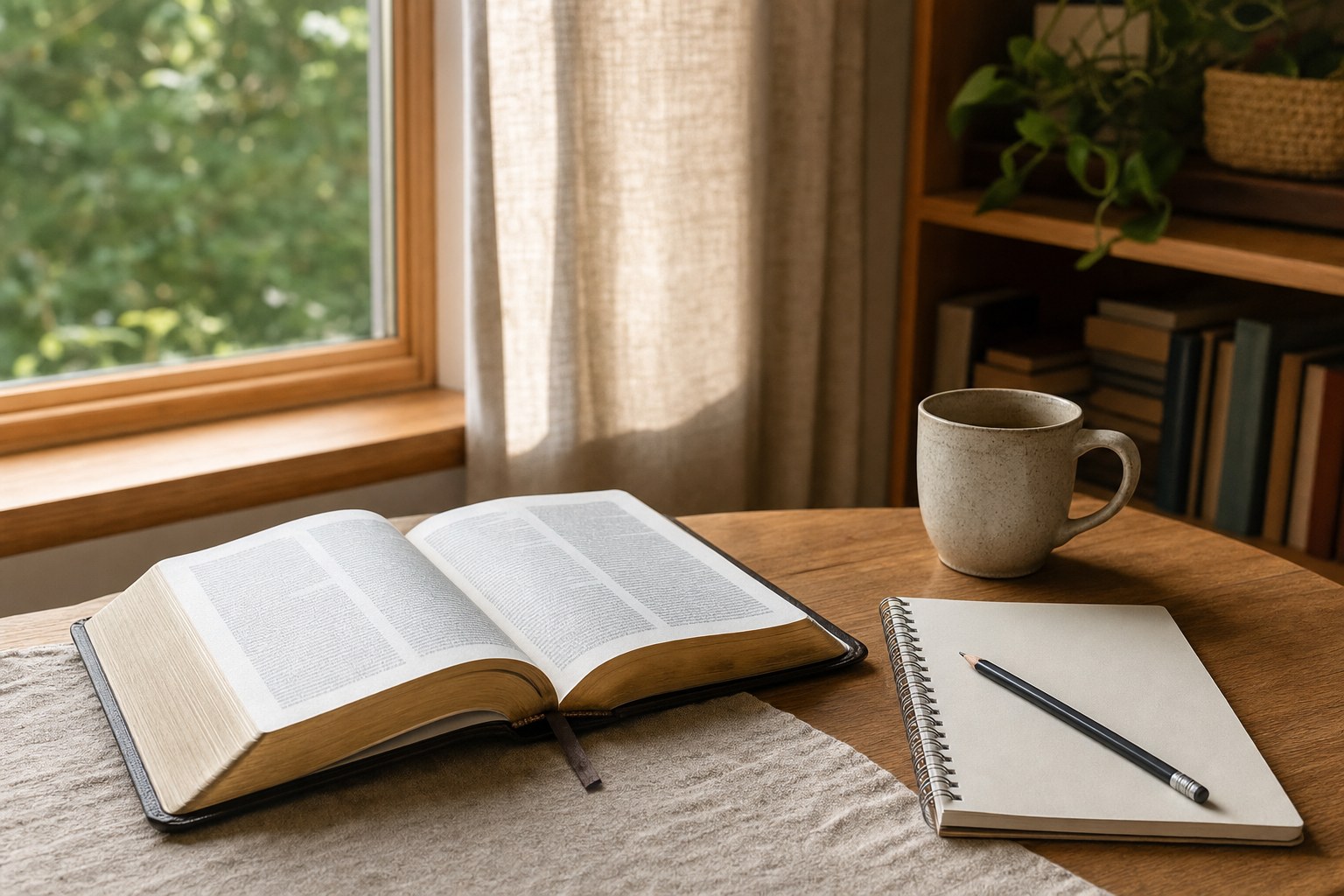 Open Bible, notebook, pencil, and coffee beside a sunny window