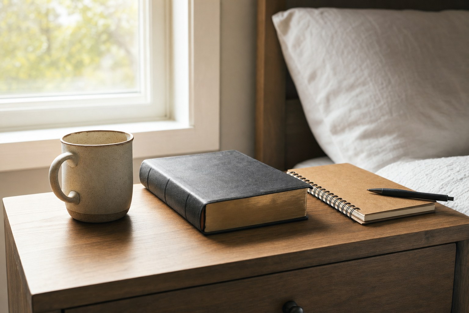 Bible, journal, and coffee on a bedside table in early morning light