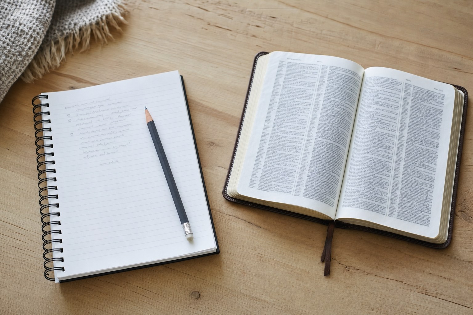 Open Bible beside a notebook and pencil on a light wood table