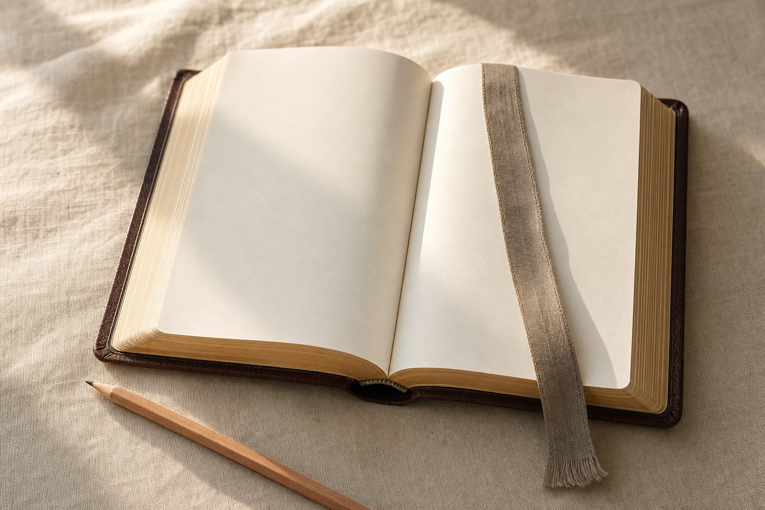 Open Bible with a fabric bookmark and a pencil on a linen surface