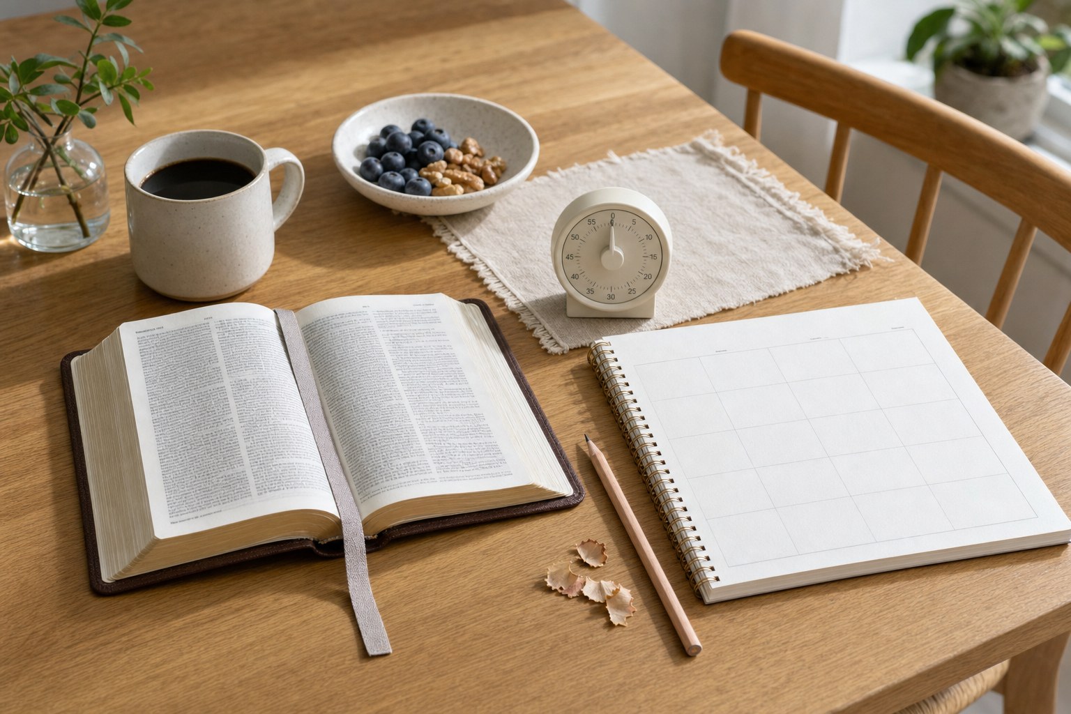 Open Bible, simple timer, blank weekly planner, coffee, and pencil on a breakfast table