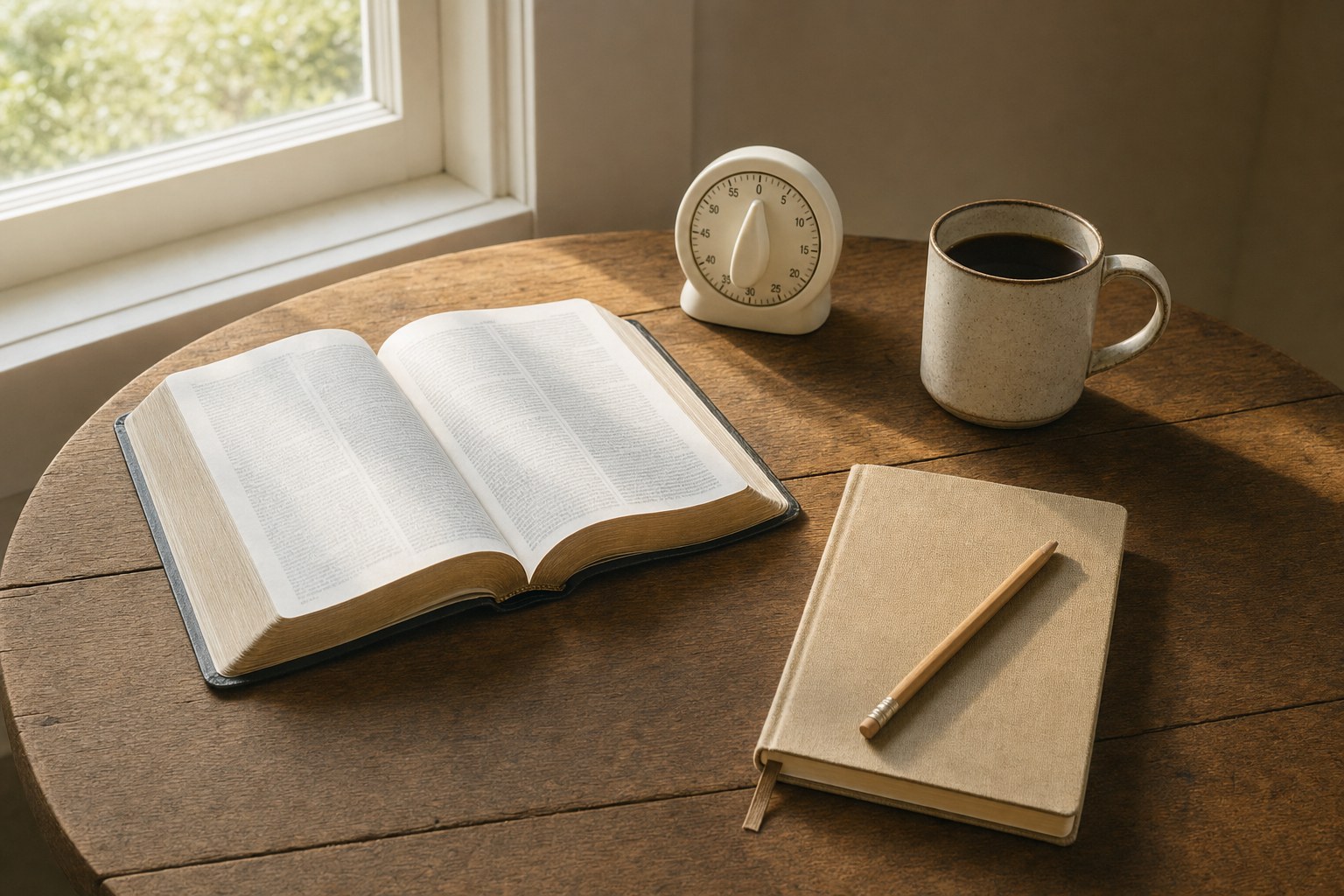 Open Bible, timer, notebook, and coffee on a wooden table