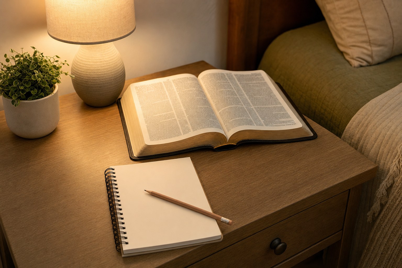Open Bible, blank notebook, pencil, and warm lamp on a bedside table