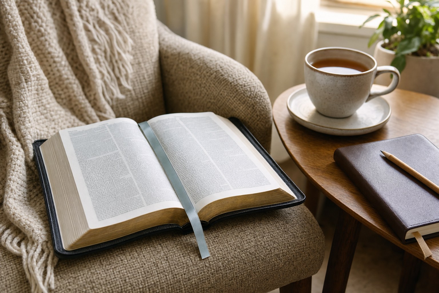 Open Bible on a comfortable chair beside a notebook, pencil, and cup of tea