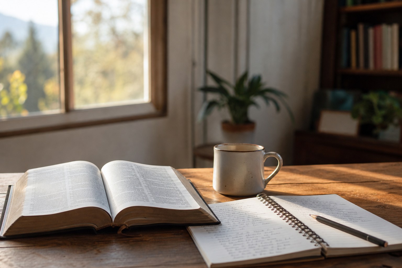 Open Bible, study notebook, pencil, and coffee on a wooden table by a sunny window