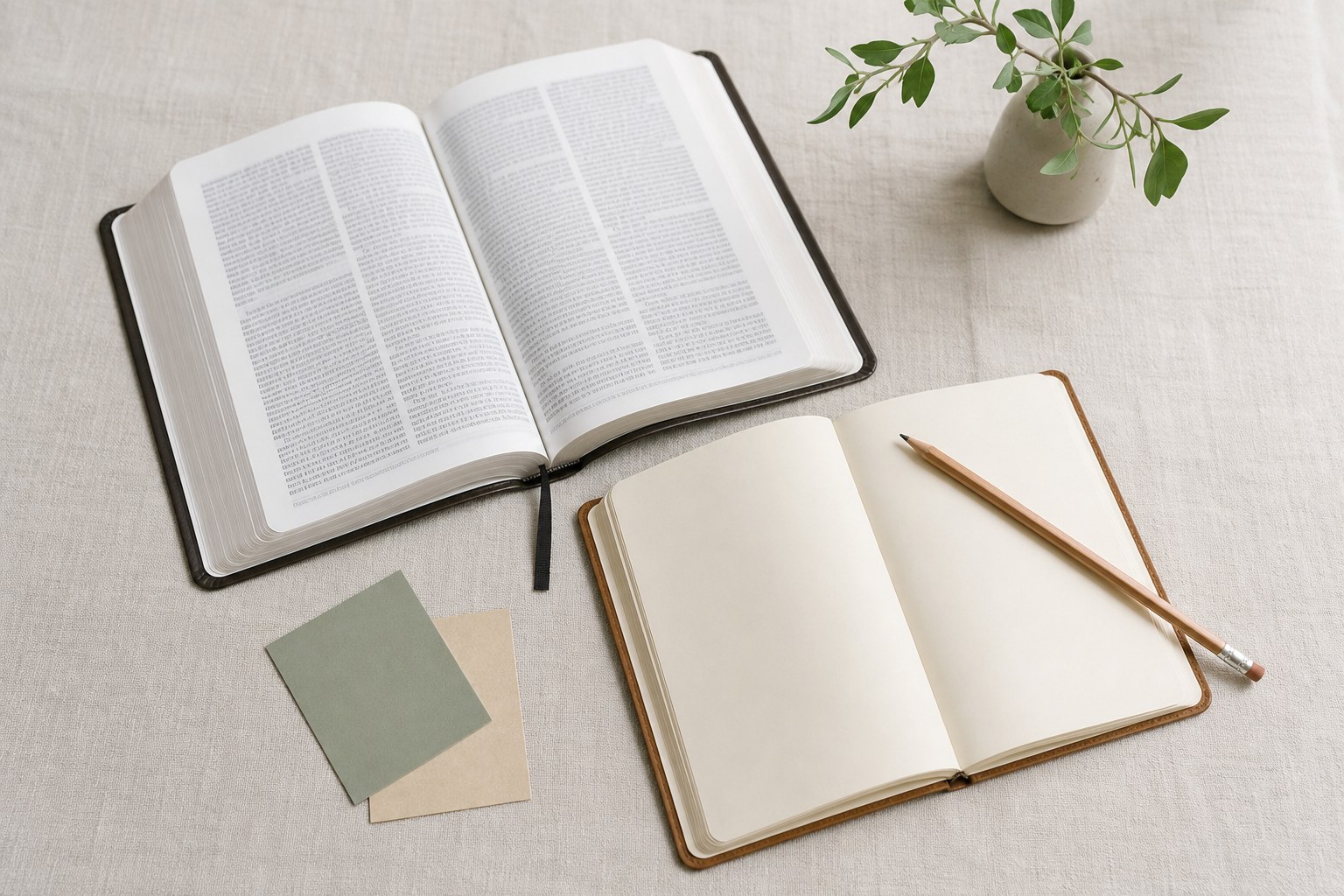 Open Bible, blank notebook, pencil, bookmarks, and small plant on a linen desk