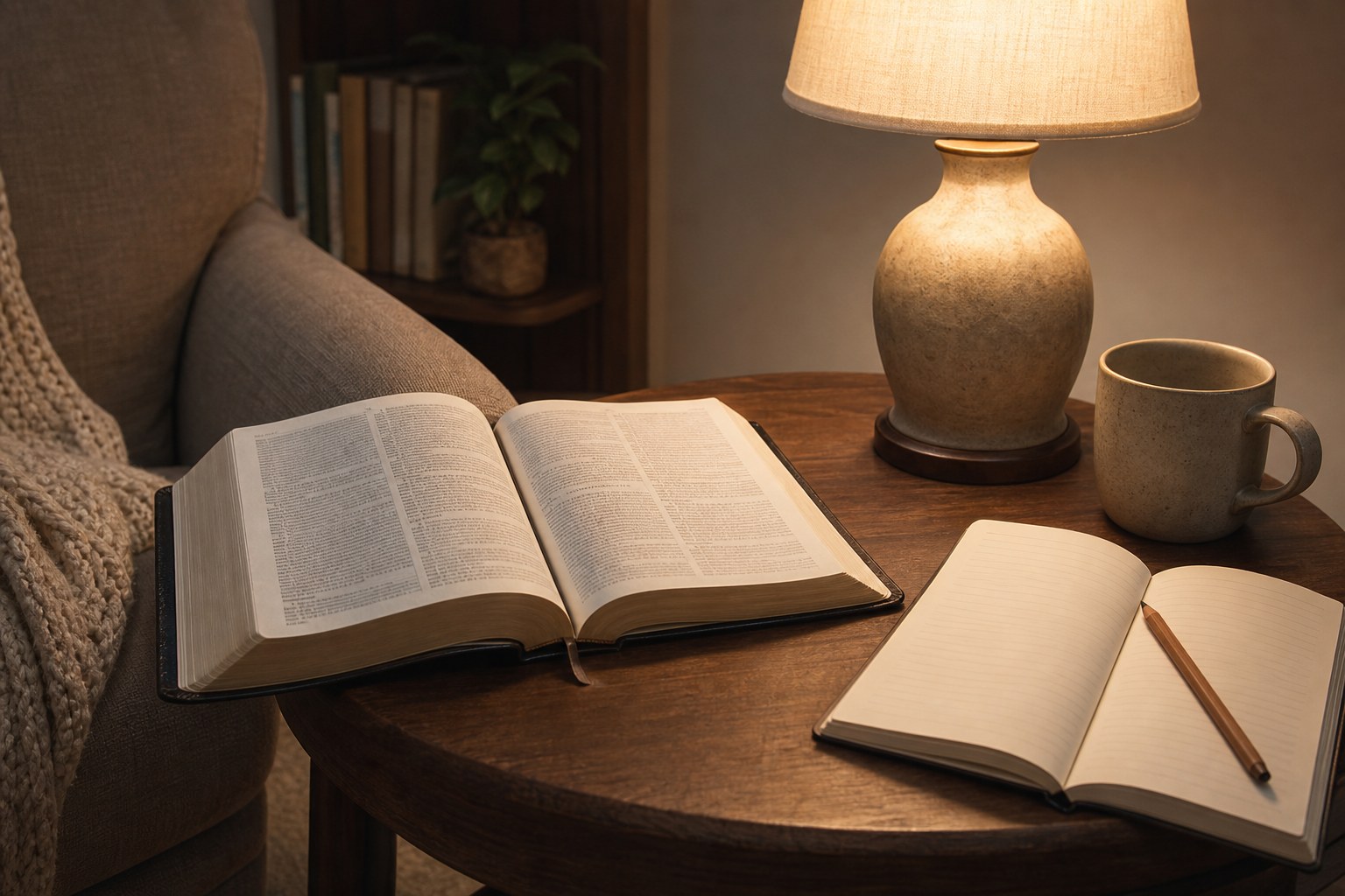 Open Bible, journal, lamp, and mug on a quiet evening reading table