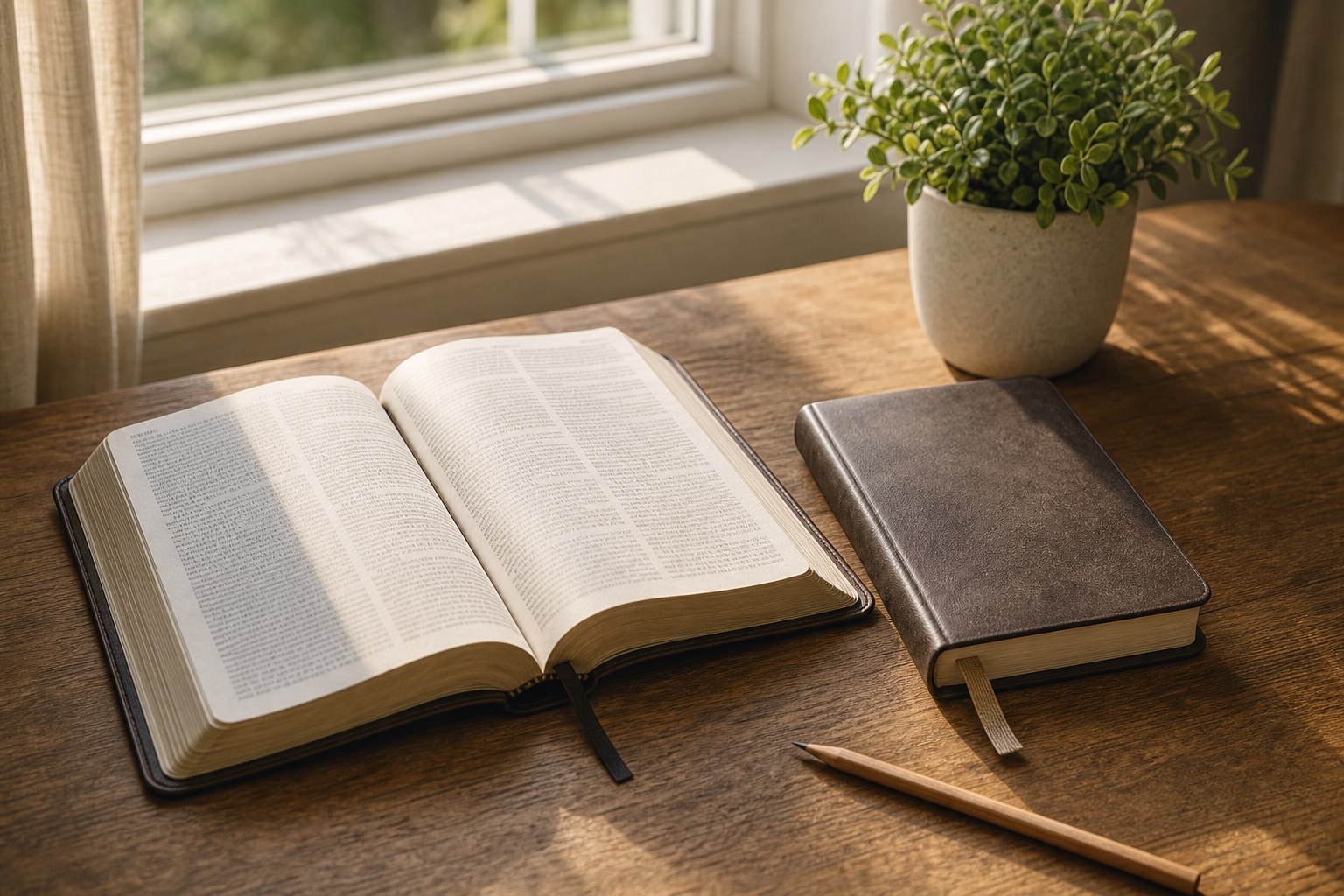 Open Bible, closed journal, pencil, and green plant on a sunlit wooden desk