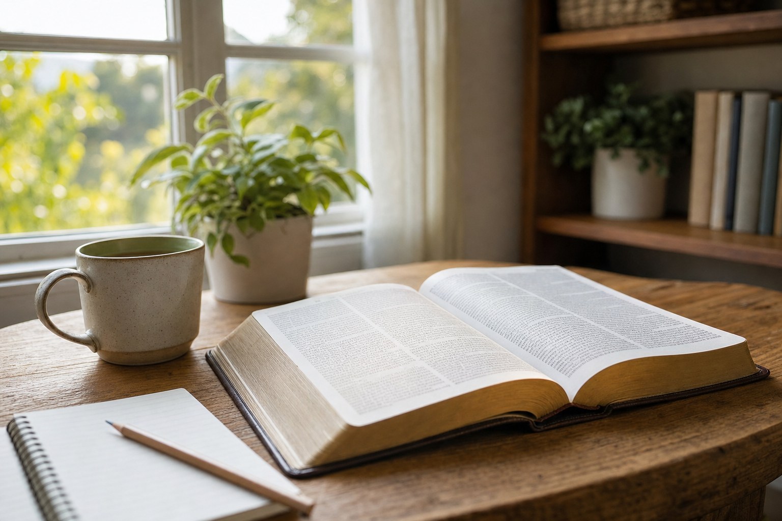 Open Bible, notebook, and mug on a wooden table beside a sunny window