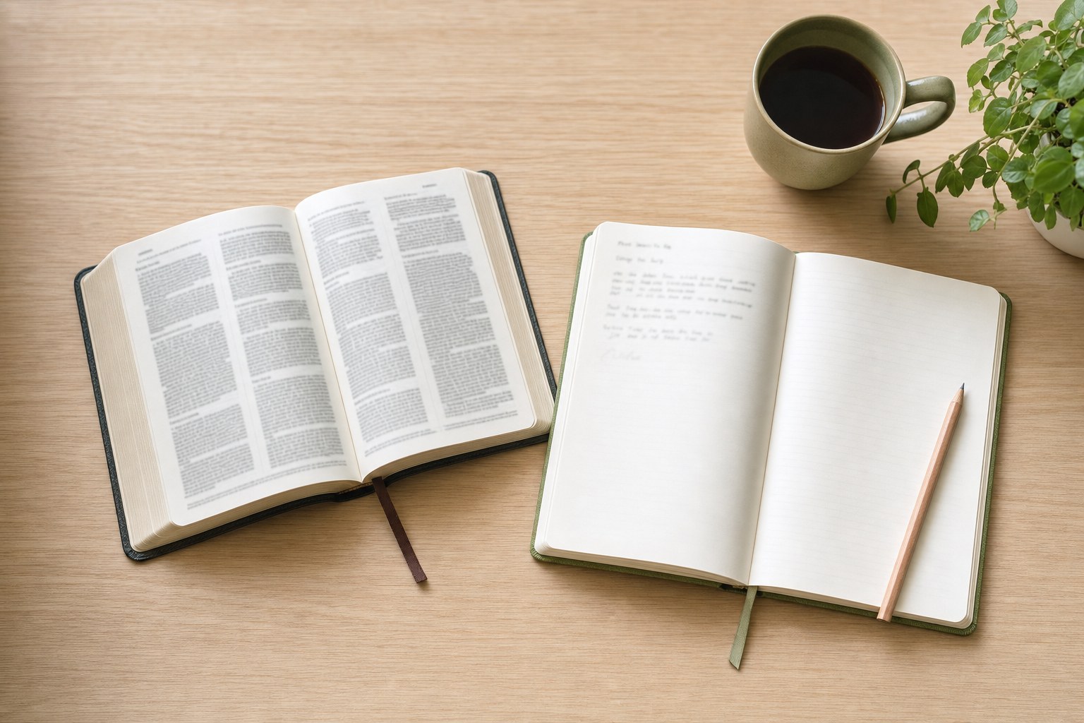Open Bible and journal with a pencil on a light wooden table