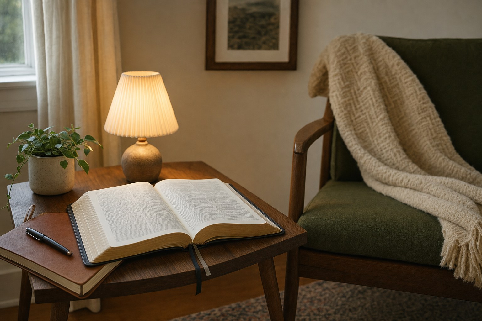 Open Bible and journal beside a warm lamp and green chair in a quiet evening corner