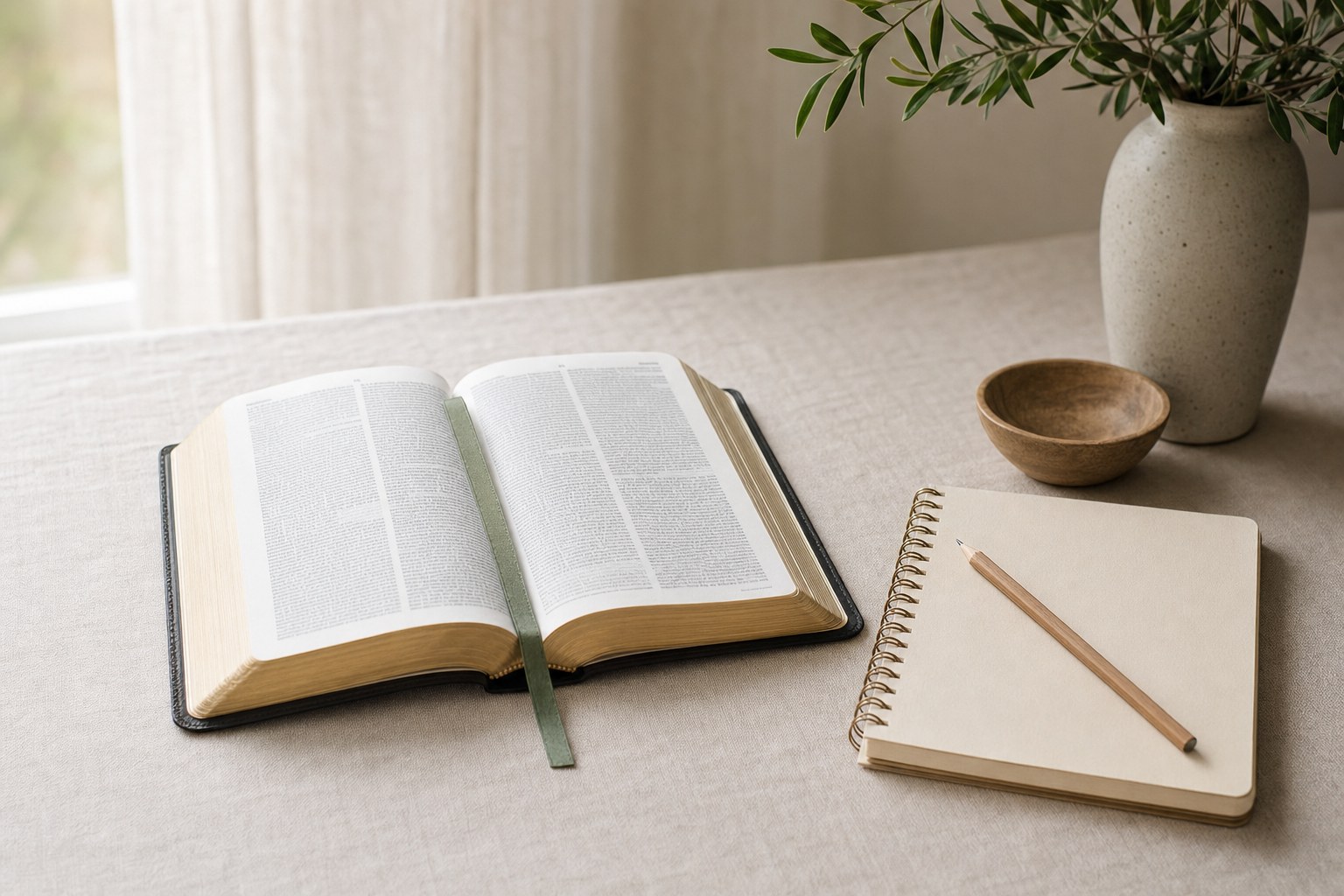 Open Bible with a green bookmark, a notebook, and a pencil on a linen-covered desk