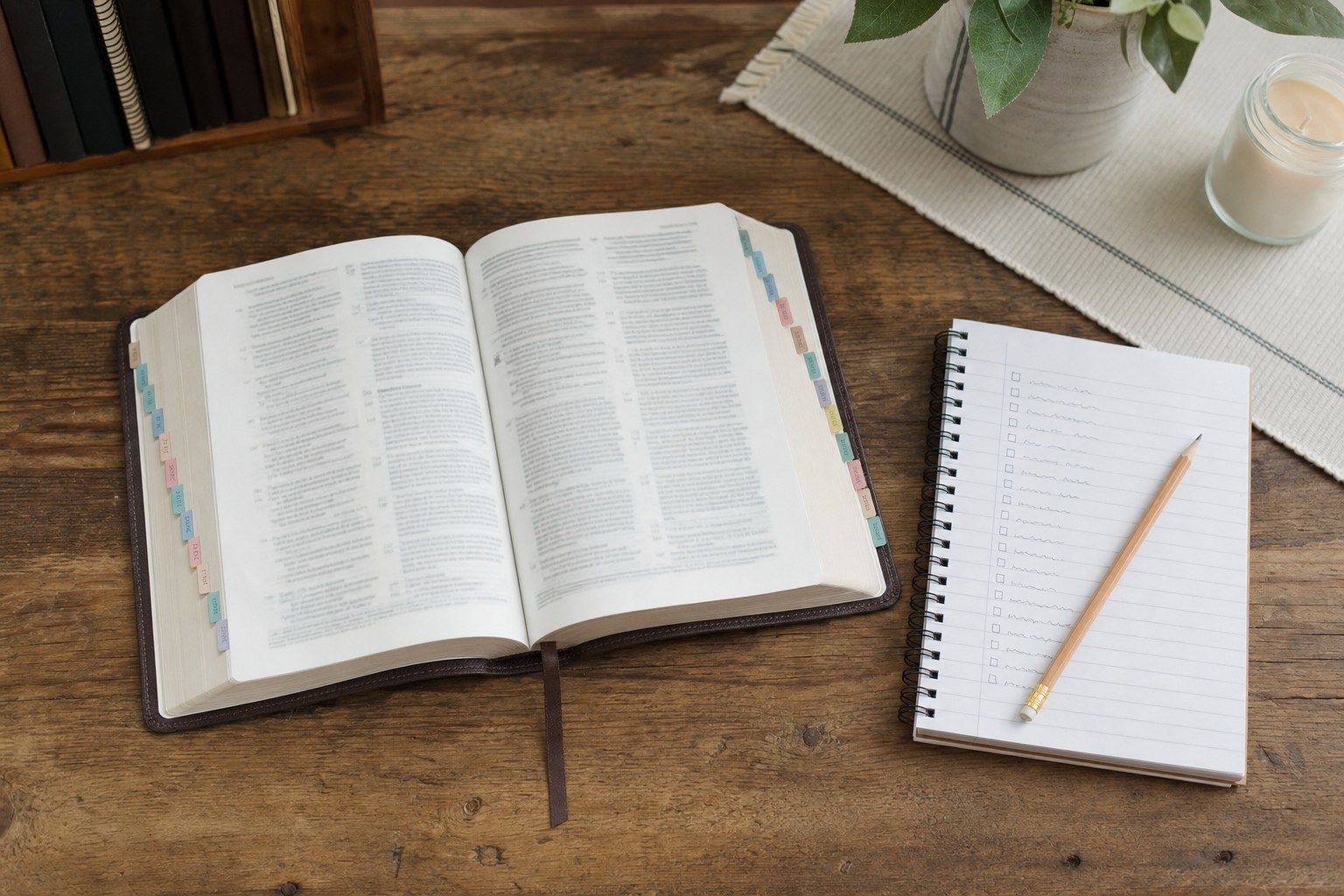 Open Bible with page tabs and a simple reading checklist on a wood desk