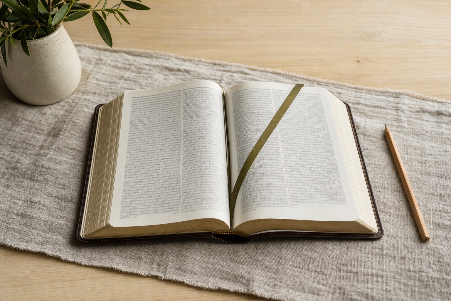 Open Bible with a bookmark and pencil on a linen-covered desk