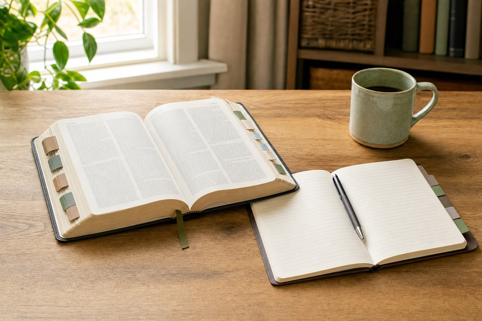 Open Bible, notebook, and coffee on a warm wood desk
