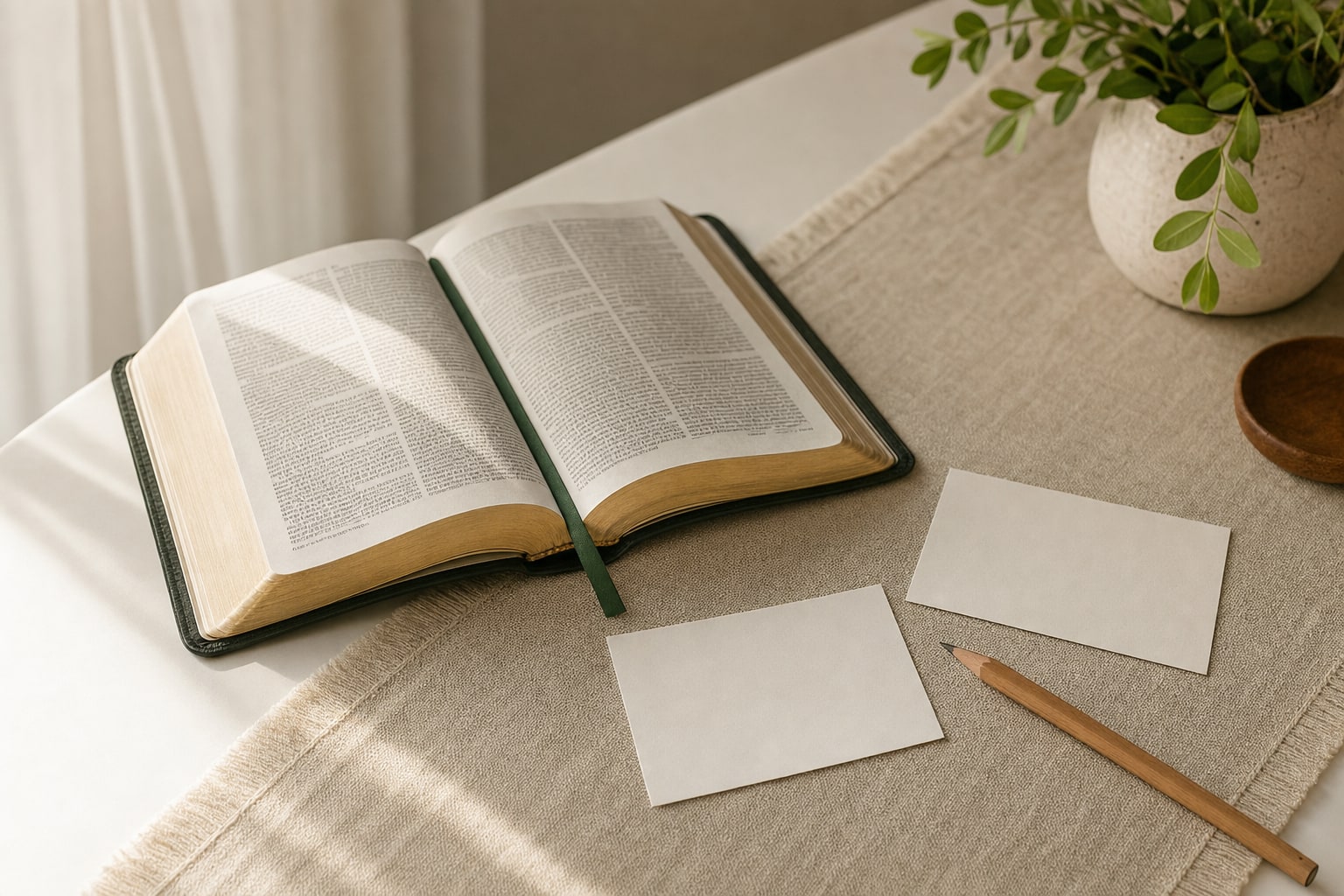 Open Bible beside blank note cards and a pencil on a cream desk