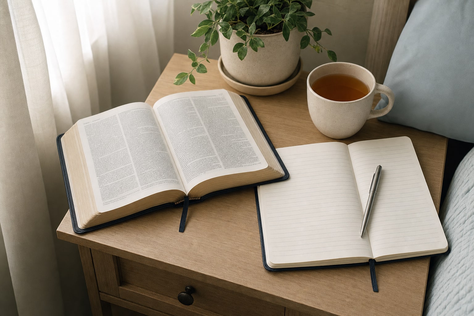 Open Bible, journal, tea, and pen on a bedside table in morning light