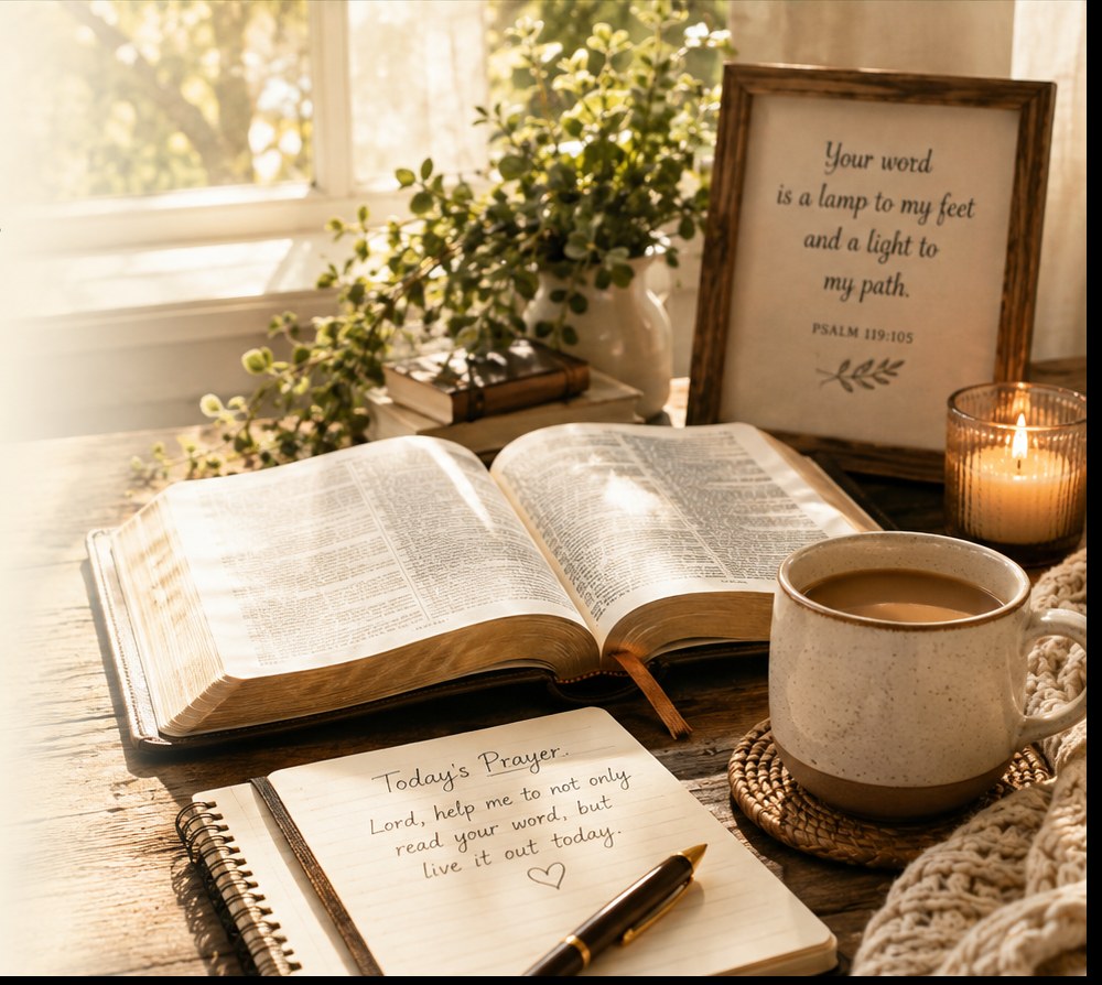Open Bible, prayer journal, coffee, and Scripture art in warm morning light