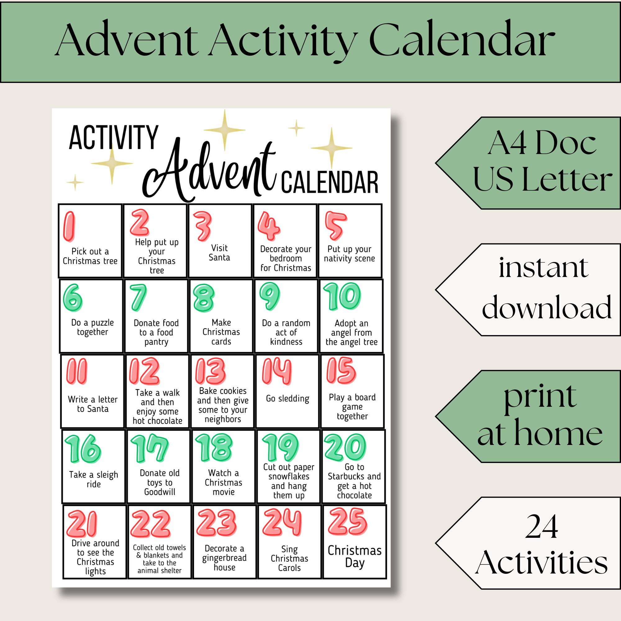 Printable Advent Calendar Christmas Countdown Activity Sheet Family Holiday Tradition Guide December Bucket List Kids Daily Fun Winter