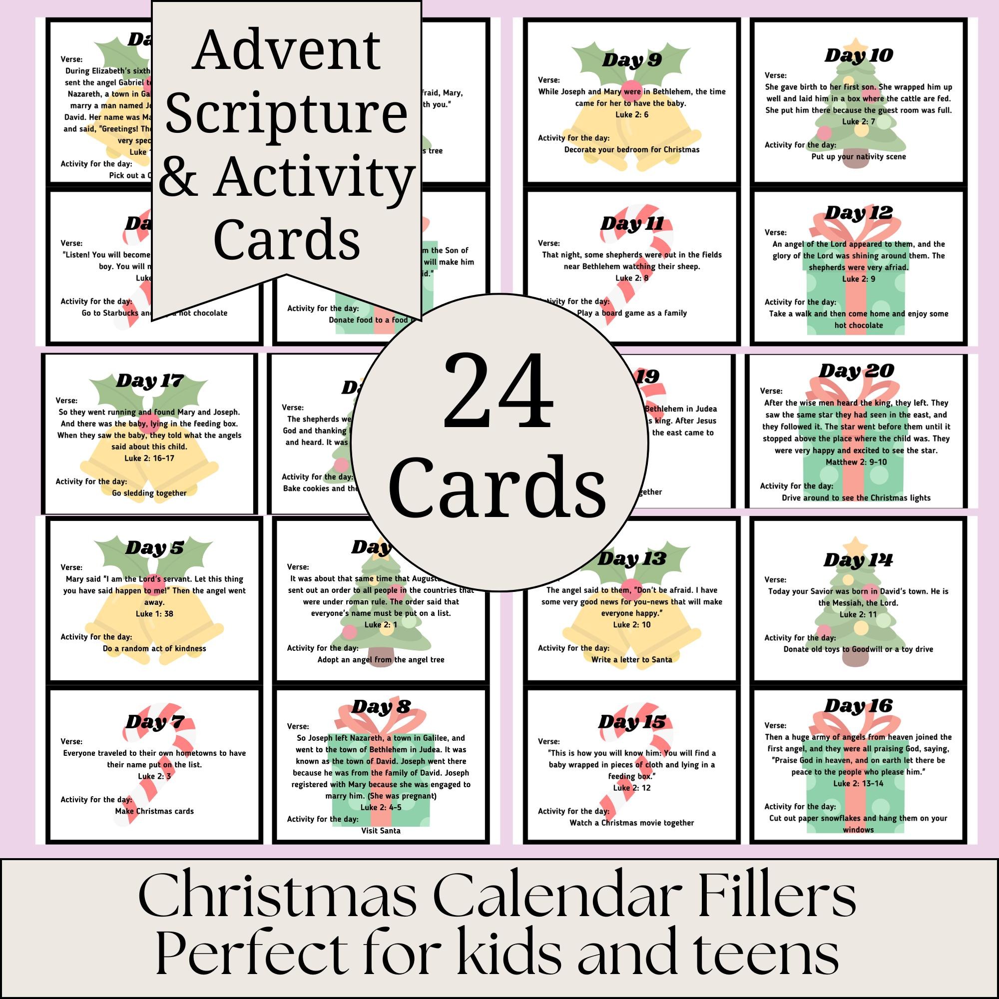 Advent Calendar Printable Christmas Scripture Card Daily Family Devotional Countdown December Nativity Story Activity Kids Jesus Birth