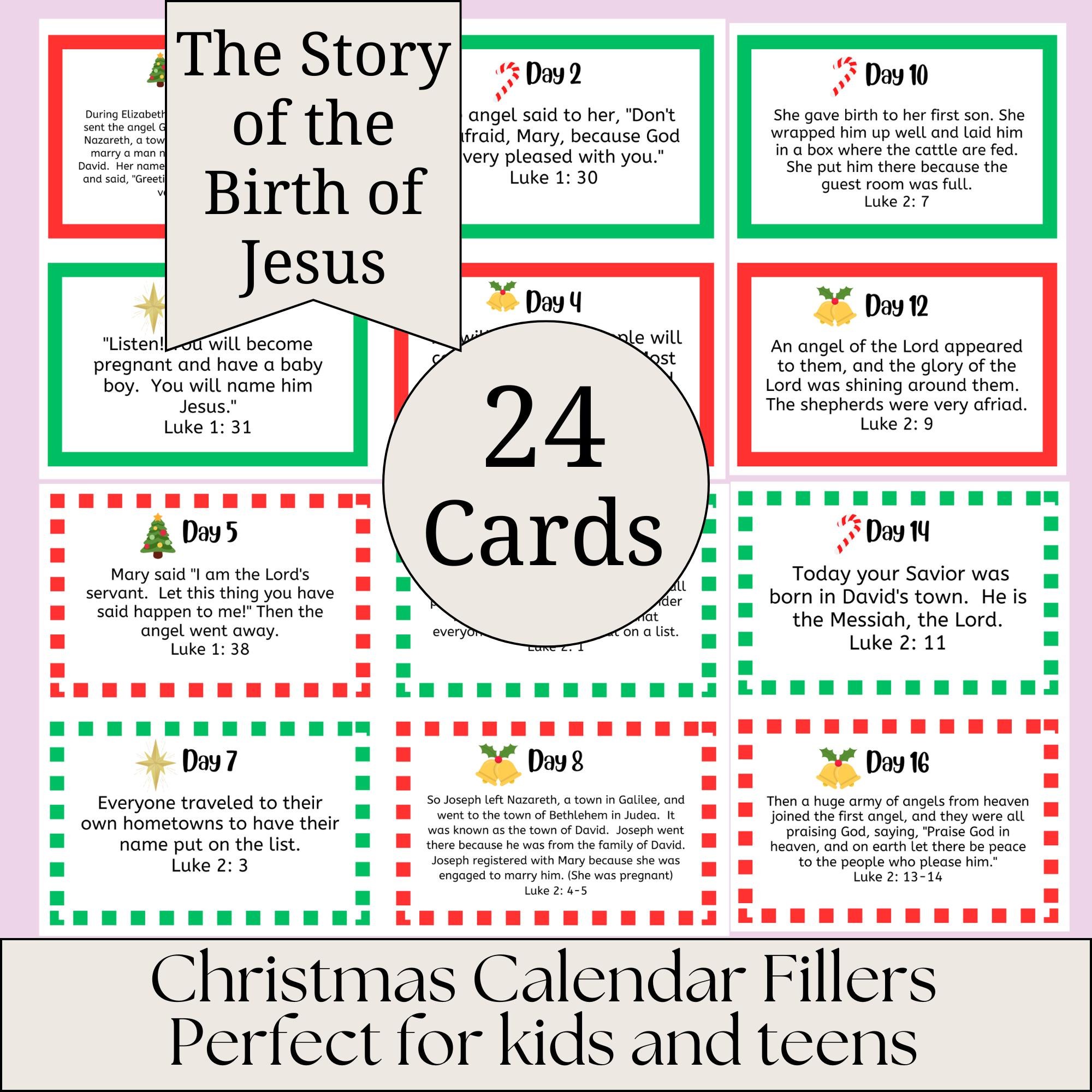 Printable Advent Calendar Christmas Countdown Card Activity Bible Verse Nativity Story Devotional Kid Tradition Family Routine December